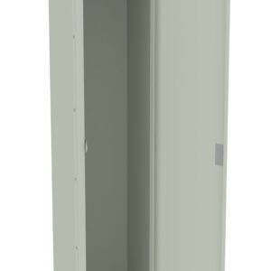 A tall, light gray locker with one door open, revealing an empty interior. The locker has a shelf at the top and a rod for hanging items. The design is simple and functional.