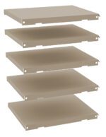 Five brown rectangular shelves are stacked vertically with equal spacing. Each shelf has small holes at the corners, suggesting they can be mounted or assembled with other components. The shelves are isolated on a white background.