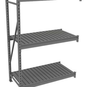 A three-tier gray metal shelving unit with slatted shelves and vertical support beams on one side. The shelves are evenly spaced, and the unit has a minimalist, industrial design.