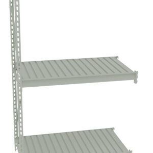 A three-tiered metal shelf unit with adjustable shelves and vertical support beams. The shelves are evenly spaced and have a slatted design. The unit is shown against a plain white background.