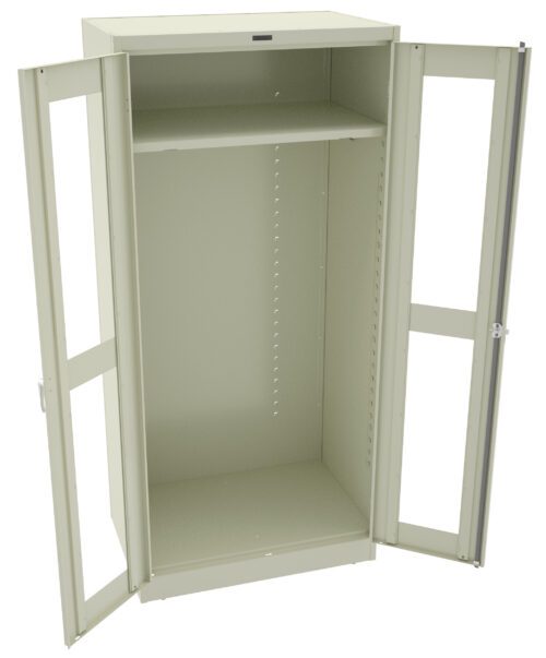 A light gray metal storage cabinet with two open doors. It features a single adjustable shelf in the upper section, leaving a spacious lower compartment. The cabinet has a simple, utilitarian design.