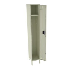A light gray metal locker with a single door stands open, revealing an empty interior with a single shelf at the top. It has a black handle and is supported by four legs. The locker is positioned at an angle, showing the inside.
