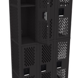 A black metal locker unit with a total of six compartments. Each compartment has a ventilated door with a diamond pattern, two of which are slightly open. The locker has simple rectangular handles and a sturdy, industrial design.