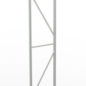 A metallic shelving frame with vertical supports and diagonal cross braces, standing against a plain white background. The frame is designed for supporting shelves without any shelves attached.