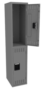 A tall gray metal locker with two compartments. The top compartment is open, showing its interior, while the bottom compartment is closed. The design is simple and functional.