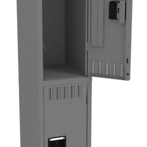 A tall gray metal locker with two compartments. The top compartment is open, showing its interior, while the bottom compartment is closed. The design is simple and functional.