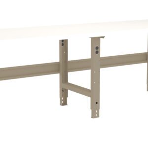 A white tabletop supported by a beige, adjustable metal frame with three sets of legs. The frame includes horizontal support bars connecting the legs. The design suggests a sturdy workbench suitable for various tasks.