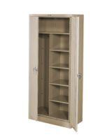 Tall beige metal cabinet with double doors slightly open. Inside, one side has five shelves for storage while the other side is open without shelves. Two handles are visible on the doors.