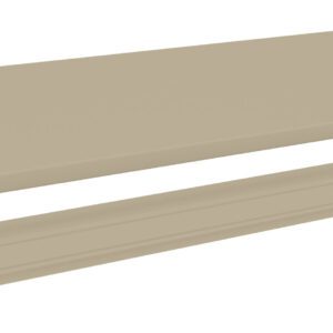 A beige metal shelf panel and a matching horizontal support bar are shown on a white background. The panel is rectangular with a smooth surface, and the support bar is seen below it, featuring small holes on both ends for assembly.