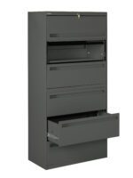 Tall, dark gray metal filing cabinet with five horizontal drawers. The second drawer from the top is open, featuring a lock. The bottom drawer is also partially open, showcasing railings for file organization.