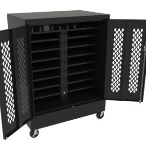 A black mobile storage cabinet with two perforated doors open, revealing multiple horizontal shelves inside. The cabinet is on wheels and has a vertical power strip in the center.