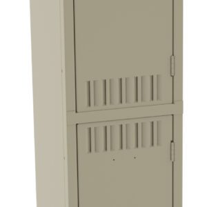 A tall, beige metal locker with two doors, each featuring a black handle. The locker is standing on four legs and has ventilation slots near the top and bottom of each door.