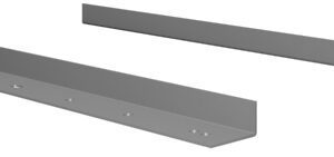 Two gray metal L-brackets, each with a flat base and an upright section, are aligned horizontally. They have small holes for mounting or attachment. The brackets are placed parallel to each other against a white background.