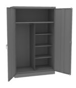 Gray metal storage cabinet with open doors, featuring multiple shelves on the right side and a hanging rod on the left. The cabinet has a minimalist design and sturdy handles.