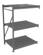 A 3D-rendered image of a gray industrial storage rack with three shelves. The shelves are made of slatted metal and supported by a sturdy frame with cross bracing on one side. The rack stands on a plain white background.