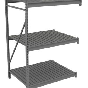 A 3D-rendered image of a gray industrial storage rack with three shelves. The shelves are made of slatted metal and supported by a sturdy frame with cross bracing on one side. The rack stands on a plain white background.