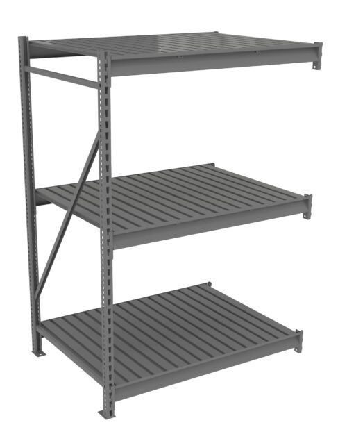 A 3D-rendered image of a gray industrial storage rack with three shelves. The shelves are made of slatted metal and supported by a sturdy frame with cross bracing on one side. The rack stands on a plain white background.