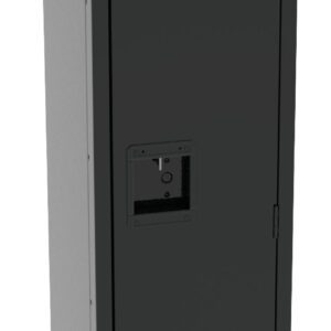 Tall, narrow, black metal locker with a vented door and a rectangular handle.