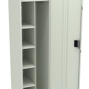 Tall, light-gray metal cabinet with five shelves and an open door. Door includes a black handle and vertical ridges. The cabinet interior has a section with a coat hook on the right, next to the shelving unit.