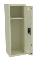 Open beige metal locker with a single shelf inside and a hook on the left side. The locker door is slightly ajar, showing a lock mechanism. The locker has ventilation slots at the top and bottom of the door.