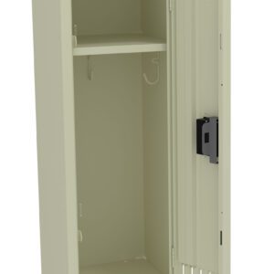 Open beige metal locker with a single shelf inside and a hook on the left side. The locker door is slightly ajar, showing a lock mechanism. The locker has ventilation slots at the top and bottom of the door.