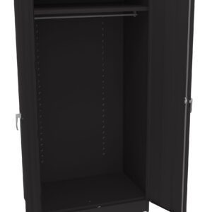 An open black metal storage cabinet with two doors. Inside, there is a clothing rod and pegboard sides for modular storage. The cabinet stands on a flat surface with no visible contents.