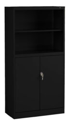 A black metal storage cabinet with a lockable double door at the bottom and two open shelves above. The cabinet has a sleek, modern design and is placed against a plain background.