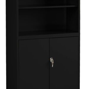 A black metal storage cabinet with a lockable double door at the bottom and two open shelves above. The cabinet has a sleek, modern design and is placed against a plain background.