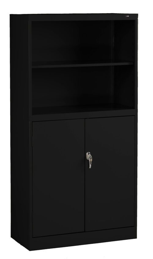 A black metal storage cabinet with a lockable double door at the bottom and two open shelves above. The cabinet has a sleek, modern design and is placed against a plain background.