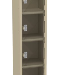 A tall, beige metal storage locker with a transparent upper door. Inside, it features five evenly spaced shelves, each enclosed by hinged doors. The locker appears to be designed for secure storage and organizational purposes.