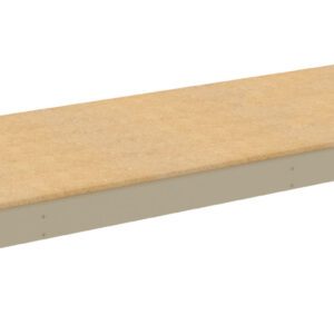 A long, rectangular wooden shelf with a beige surface and light gray edges, isolated on a white background.