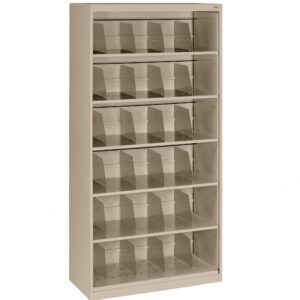 Tall beige shelving unit with six rows, each containing individual angled dividers. Designed for organizing and storing items upright. No items are currently placed on the shelves. Simple and functional design.