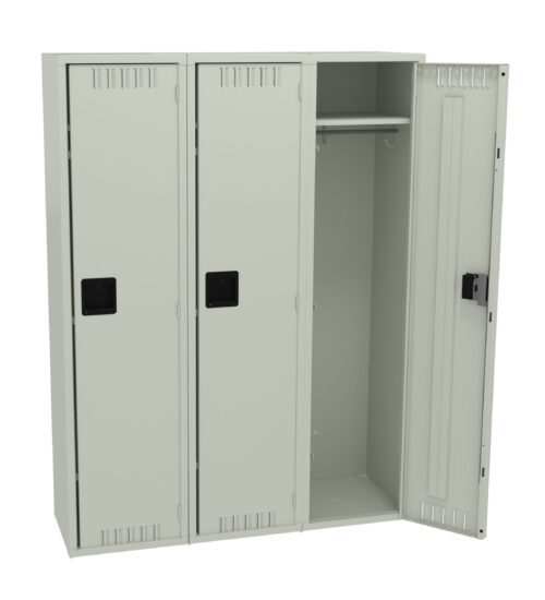 Three gray metal lockers with black handles are shown. The left two lockers are closed, and the right one is open, revealing a hanging rod and empty interior.