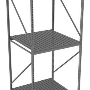 A metal shelving unit with three wide, evenly spaced shelves. The frame is supported by vertical posts with diagonal cross braces for stability. The shelves have a slatted design, and the entire structure is metallic gray.