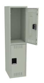 A beige two-compartment locker with the top door open and the bottom door closed. The locker features ventilation slots on both doors and a black handle on each door. The interior is empty and visible through the open top compartment.