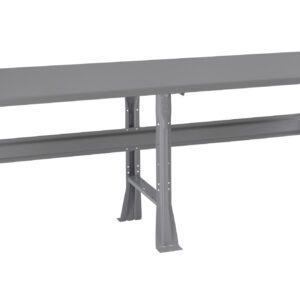 A long, gray metal workbench with a flat top and sturdy legs. The frame has crossbars for support. The design is simple, emphasizing functionality and stability.