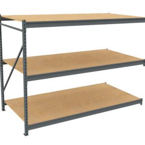 A metal storage rack with three wooden shelves. The frame is gray and features a cross brace on the left side for stability. The shelves are evenly spaced and empty. The background is white.