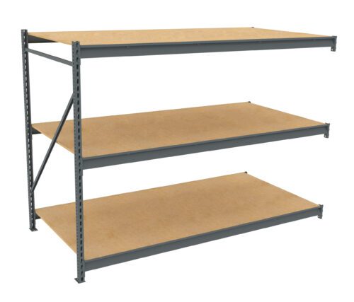 tgair6olddk9vgoyky6k.jpg A metal storage rack with three wooden shelves. The frame is gray and features a cross brace on the left side for stability. The shelves are evenly spaced and empty. The background is white.