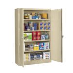 A beige storage cabinet with open doors displays various items on five shelves, including paper plates, plastic cups, cleaning supplies, canned goods, bottled water, and assorted beverages.
