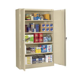 A beige storage cabinet with open doors displays various items on five shelves, including paper plates, plastic cups, cleaning supplies, canned goods, bottled water, and assorted beverages.