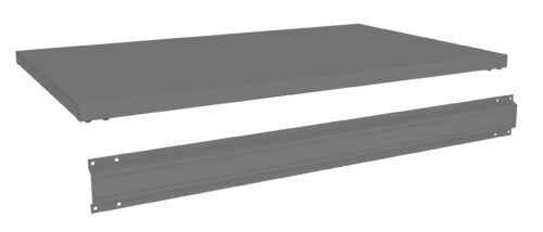 Gray rectangular metal panel and support rail, both with small holes for screws, displayed on a white background. The panel appears flat while the rail is longer, with visible ridges and a hollow structure for attachment.