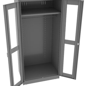 A grey, metal wardrobe with two glass-paneled doors open, revealing a spacious interior with an upper shelf and a hanging rod. The design is simple and industrial, with a smooth finish and adjustable shelving options.