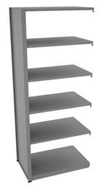 A gray metal shelving unit with five evenly spaced shelves. It has a simple, modern design and appears to be sturdy, suitable for organizing items in a garage, office, or home.