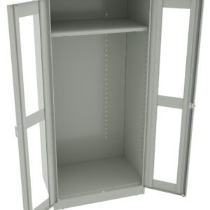 A grey metal storage cabinet with double doors open, revealing one shelf at the top and an empty main compartment. The cabinet has a simple, industrial design and is set against a plain white background.