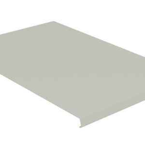 A flat, light gray rectangular metal panel with a slight lip on one edge and a small hole in a corner sits against a white background. The panel is angled with a perspective that shows its thin profile.