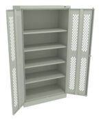 A metal storage cabinet with open doors, revealing five shelves inside. The doors have a diamond-patterned cutout design for ventilation. The cabinet is painted light gray.