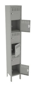 A tall, gray metal storage locker with four vertically stacked compartments. Three doors are open, revealing empty shelves inside, while the top door remains closed. Each door has ventilation slits and a lock mechanism.