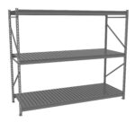 A large, freestanding metal shelving unit with three slatted shelves, designed for heavy-duty storage. The unit is gray and has vertical supports with cross-bracing on the sides and back for stability.