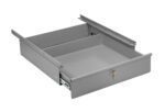 Gray metal drawer with a lock on the front, partially open. It is designed for under-desk installation and includes sliding rail mechanisms on each side for smooth operation.