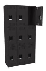 A black metal locker unit with nine compartments arranged in a 3x3 grid. The top right compartment is open, revealing an empty space inside. Each door has a lock mechanism and rectangular ventilation slots.